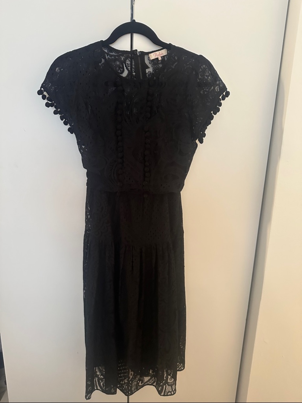 Black Lace Midi Dress with Pom-Pom Trim